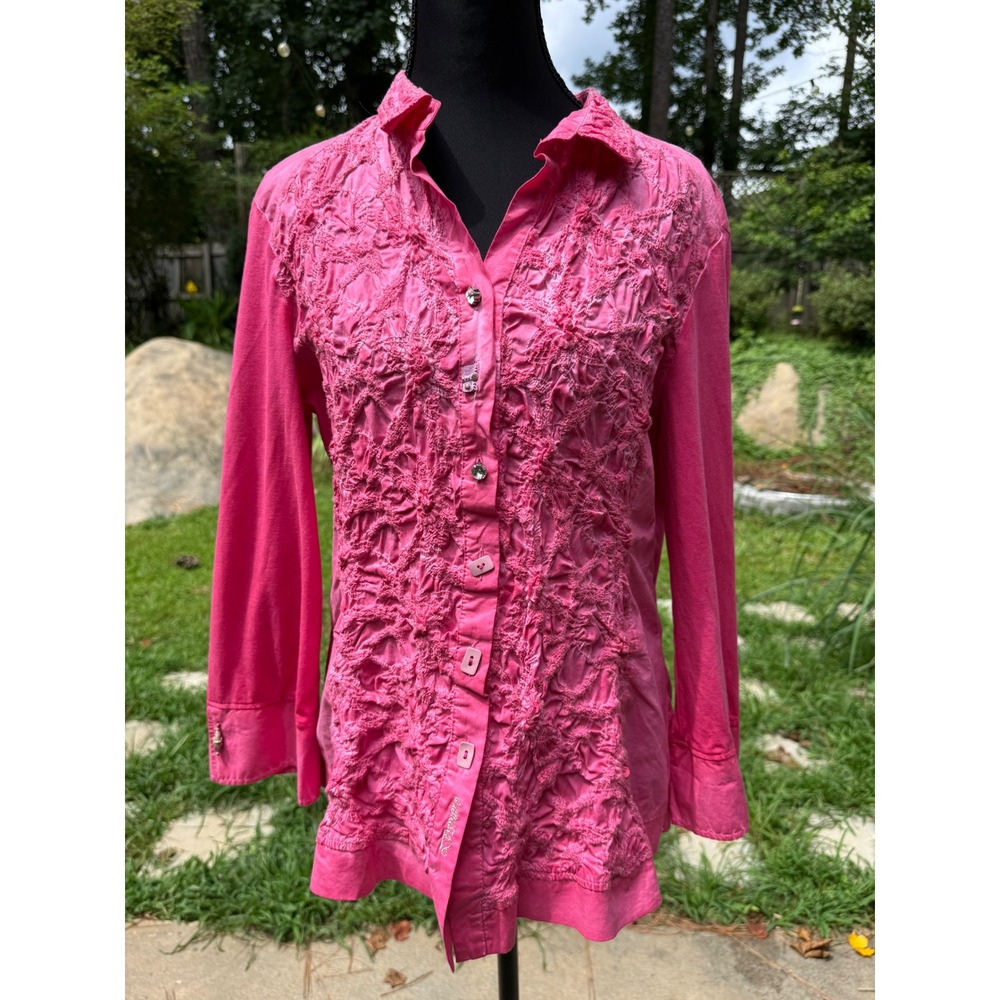 Dismero Pink Textured Smocked Button Front Shirt Made in Italy Womens XL